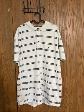 Nautica Navy Blue and White Striped Polo in the A Bit Trimmer Style